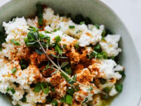 Salad with cottage cheese green onion and brunch of thyme